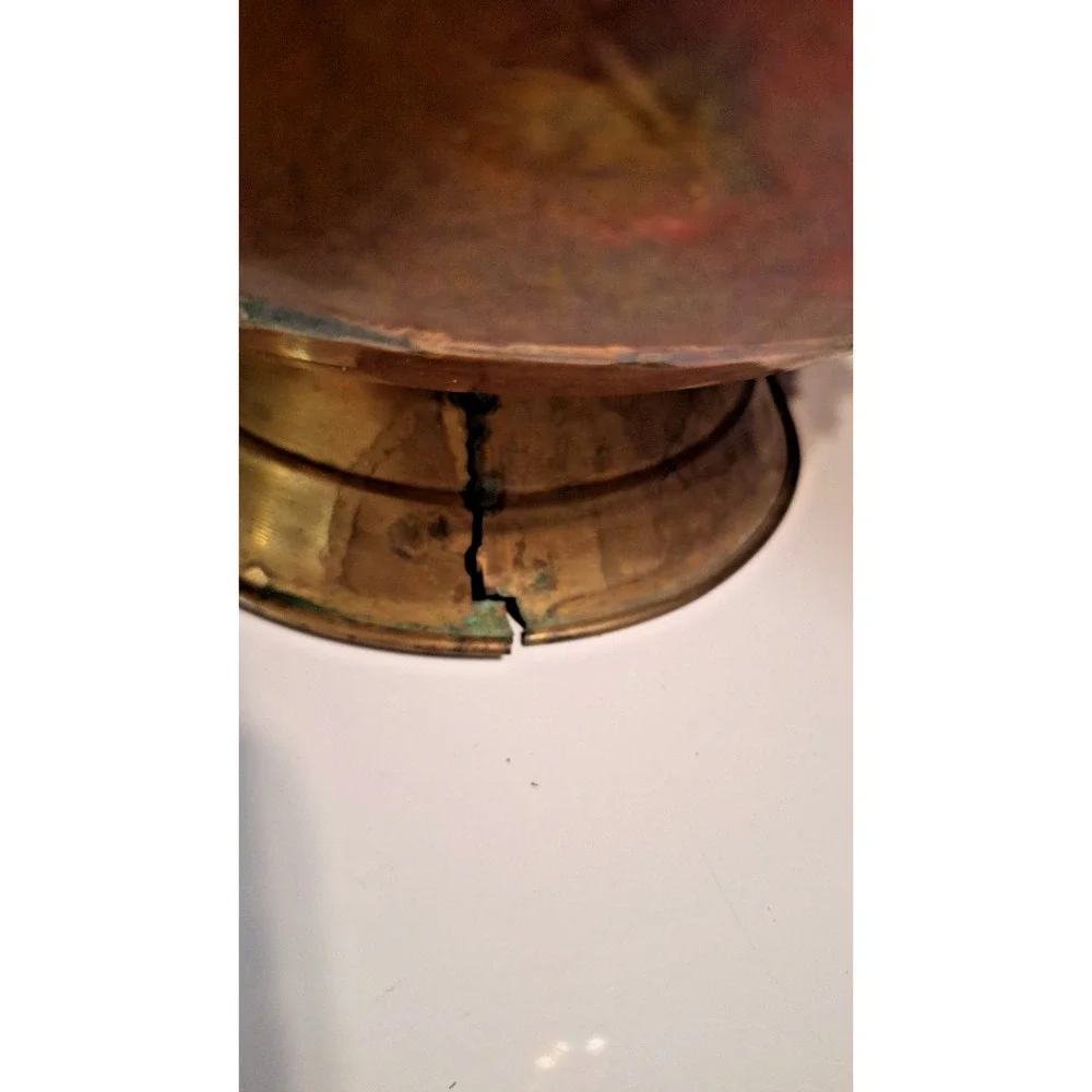 VINTAGE COPPER BRASS COAL SCUTTLE DELFT PORCELAIN HANDLES LION HEAD